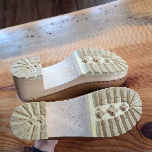 Butterscotch No 6 Leather Wood Block Mid Heel Shearling Lined Slip On Liza Clogs - Picture 12 of 14